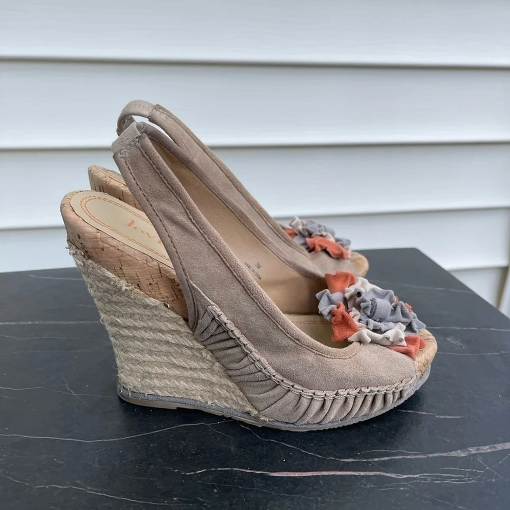 LEVITY women wedge platform sandals cork espadrilles leather suede Sz 7